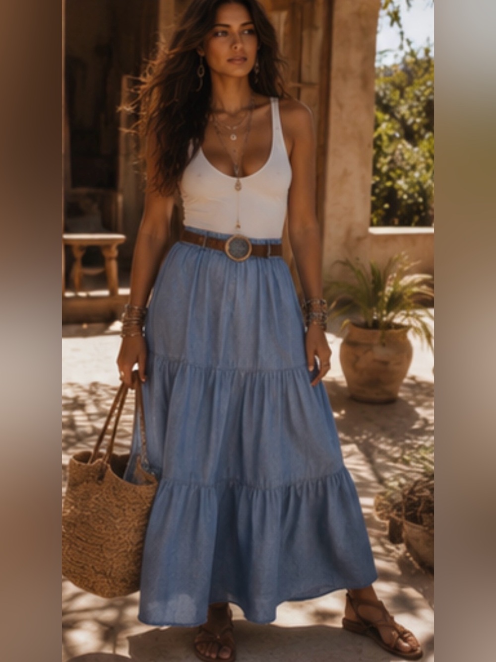 Tiered Chambray Medium Blue Midi Skirt - Picture 5 of 16